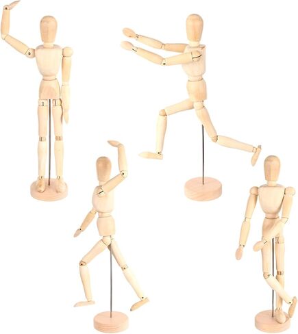 4 Pcs 12'' Artists Wooden Manikin Wooden Mannequin Figure Posable Drawing Figure Flexible Articulated Human Mode Body with Base for Home Office Desk Sketching Painting Gift in Kuwait