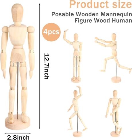 4 Pcs 12'' Artists Wooden Manikin Wooden Mannequin Figure Posable Drawing Figure Flexible Articulated Human Mode Body with Base for Home Office Desk Sketching Painting Gift in Kuwait