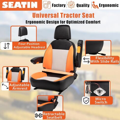 مقعد جرار عالمي، مقعد جزازة مريح بدون دوران مع حزام أمان قابل للتعديل ومسند ذراع ومفتاح صغير لرافعة شوكية وجرافة انزلاقية وحفارة جرار (برتقالي/أسود/رمادي) in Kuwait