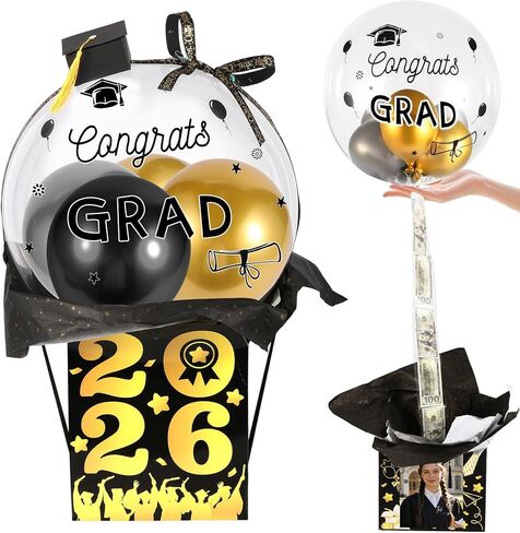مجموعة هدايا بالون التخرج 2026 من EIHFHIE، فئة 2026 Congrats Grad Pull Money Confetti Balloon Box مفاجأة فكرة هدية نقدية للبنين والبنات وديكور حفلات التخرج من المدرسة الثانوية، ذهبي أسود in Kuwait