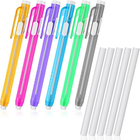 Molain 12 Pcs Erasers Pen-Style Set, Durable 6 Retractable Click Eraser Pen Shell + 6 Eraser, Good Cleaning Effect Erasers for Kids Students Artist Painting Writing, Home School Office Supplies in Kuwait