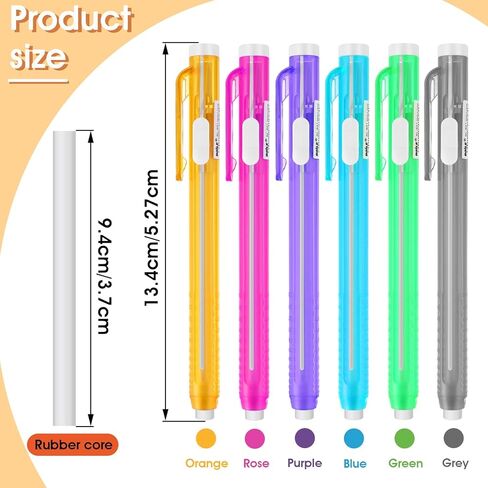 Molain 12 Pcs Erasers Pen-Style Set, Durable 6 Retractable Click Eraser Pen Shell + 6 Eraser, Good Cleaning Effect Erasers for Kids Students Artist Painting Writing, Home School Office Supplies in Kuwait