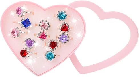 Hifot 12 pcs Girls Crystal Adjustable Rings, Princess Jewelry Finger Rings with Heart Shape Box, Girl Pretend Play and Dress up Rings for Children Kids Little Girls - Random in Kuwait