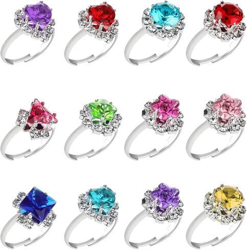 Hifot 12 pcs Girls Crystal Adjustable Rings, Princess Jewelry Finger Rings with Heart Shape Box, Girl Pretend Play and Dress up Rings for Children Kids Little Girls - Random in Kuwait