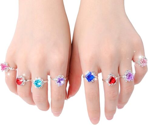 Hifot 12 pcs Girls Crystal Adjustable Rings, Princess Jewelry Finger Rings with Heart Shape Box, Girl Pretend Play and Dress up Rings for Children Kids Little Girls - Random in Kuwait