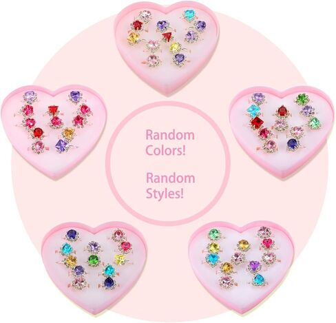 Hifot 12 pcs Girls Crystal Adjustable Rings, Princess Jewelry Finger Rings with Heart Shape Box, Girl Pretend Play and Dress up Rings for Children Kids Little Girls - Random in Kuwait