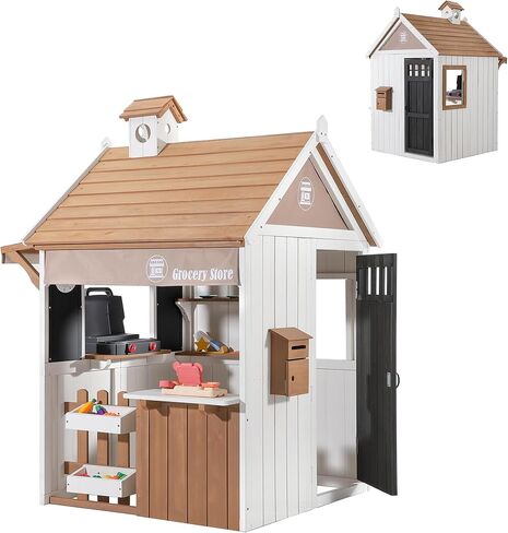 Kids Playhouse Outdoor, 2-in-1 Grocery Store & BBQ Grill Station, Premium Cedar Wooden Children’s Backyard Play House for Age 3-5 with Cash Register, Mailbox & Velcro Cutting Play Food Set in Kuwait