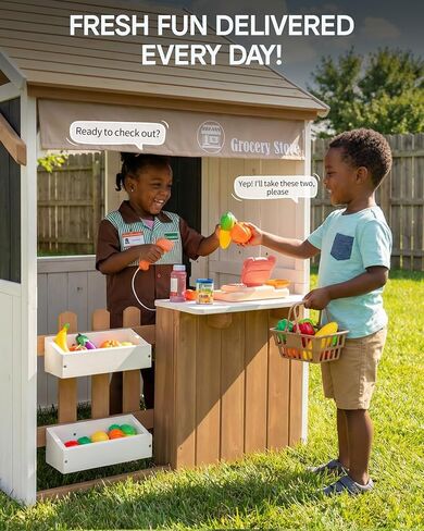 Kids Playhouse Outdoor, 2-in-1 Grocery Store & BBQ Grill Station, Premium Cedar Wooden Children’s Backyard Play House for Age 3-5 with Cash Register, Mailbox & Velcro Cutting Play Food Set in Kuwait