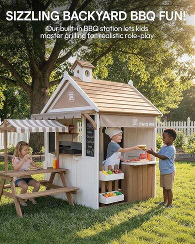 Kids Playhouse Outdoor, 2-in-1 Grocery Store & BBQ Grill Station, Premium Cedar Wooden Children’s Backyard Play House for Age 3-5 with Cash Register, Mailbox & Velcro Cutting Play Food Set in Kuwait