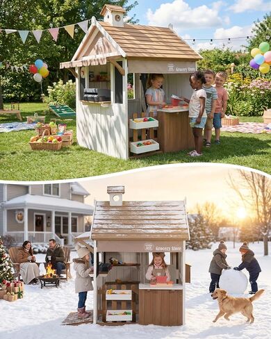 Kids Playhouse Outdoor, 2-in-1 Grocery Store & BBQ Grill Station, Premium Cedar Wooden Children’s Backyard Play House for Age 3-5 with Cash Register, Mailbox & Velcro Cutting Play Food Set in Kuwait