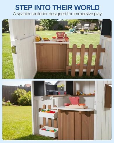 Kids Playhouse Outdoor, 2-in-1 Grocery Store & BBQ Grill Station, Premium Cedar Wooden Children’s Backyard Play House for Age 3-5 with Cash Register, Mailbox & Velcro Cutting Play Food Set in Kuwait