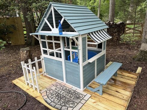 Outdoor Play House for Kids, Wooden Kids Playhouse with Kitchen Toys, Blackboard,Chalks,Eraser,Magnetic Door, Bench, Foldable Sunshade Canopy,Bell, Pet Hole, Clock,Wood Color in Saudi Arabia