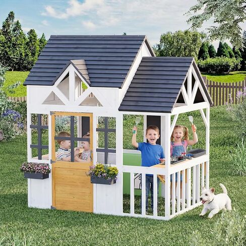 Outdoor Play House for Kids, Elevated Roof Wooden Kids Playhouse with Kitchen Toys, Blackboard,Magnetic Door, Flowerpot Holders, Pet Hole, Clock,Black and White in Kuwait