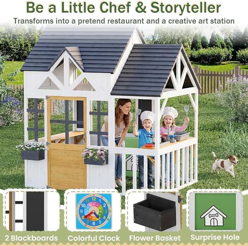 Outdoor Play House for Kids, Elevated Roof Wooden Kids Playhouse with Kitchen Toys, Blackboard,Magnetic Door, Flowerpot Holders, Pet Hole, Clock,Black and White in Kuwait