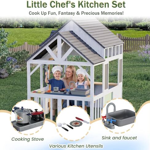 Outdoor Play House for Kids, Elevated Roof Wooden Kids Playhouse with Kitchen Toys, Blackboard,Magnetic Door, Flowerpot Holders, Pet Hole, Clock,Black and White in Kuwait