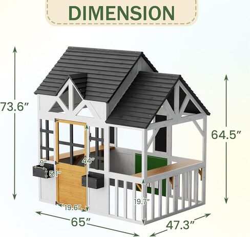 Outdoor Play House for Kids, Elevated Roof Wooden Kids Playhouse with Kitchen Toys, Blackboard,Magnetic Door, Flowerpot Holders, Pet Hole, Clock,Black and White in Kuwait