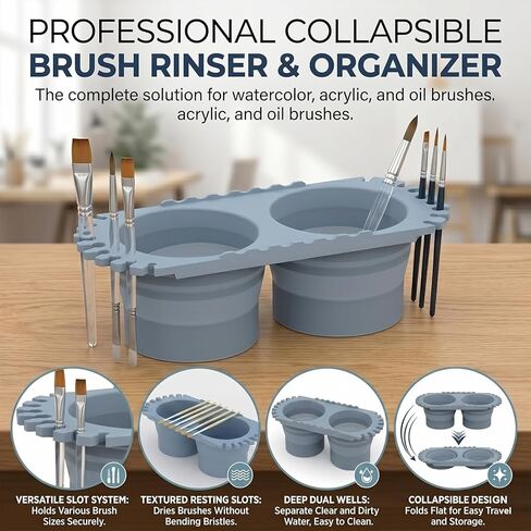 Dual Compartment Paint Brush Cleaner Cup, Foldable Silicone Brush Cleaning Rinse Cup with Brush Holder, Portable Traval Gift for Students and Artists, Suitable for Acrylic, Watercolor & Art Supplies in Kuwait
