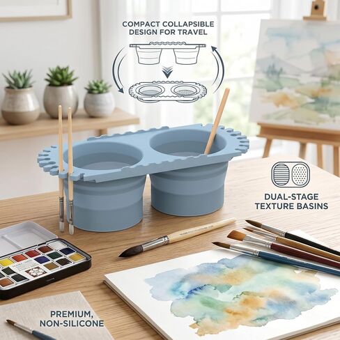 Dual Compartment Paint Brush Cleaner Cup, Foldable Silicone Brush Cleaning Rinse Cup with Brush Holder, Portable Traval Gift for Students and Artists, Suitable for Acrylic, Watercolor & Art Supplies in Kuwait