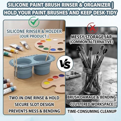 Dual Compartment Paint Brush Cleaner Cup, Foldable Silicone Brush Cleaning Rinse Cup with Brush Holder, Portable Traval Gift for Students and Artists, Suitable for Acrylic, Watercolor & Art Supplies in Kuwait