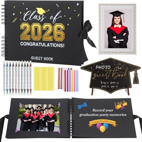 Pasimy 16 Pcs 2026 Graduation Scrapbook Photo Album Guest Book Set Class of 2026 with 10 DIY Pens Photo Frame Wooden Table Sign Grad Cap Stickers Corners Stickers for Graduation Party Gift Decorations in Kuwait