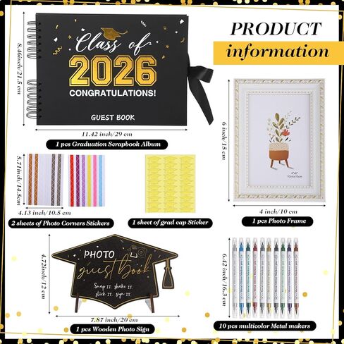 Pasimy 16 Pcs 2026 Graduation Scrapbook Photo Album Guest Book Set Class of 2026 with 10 DIY Pens Photo Frame Wooden Table Sign Grad Cap Stickers Corners Stickers for Graduation Party Gift Decorations in Kuwait