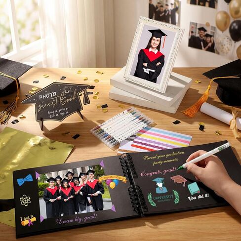 Pasimy 16 Pcs 2026 Graduation Scrapbook Photo Album Guest Book Set Class of 2026 with 10 DIY Pens Photo Frame Wooden Table Sign Grad Cap Stickers Corners Stickers for Graduation Party Gift Decorations in Kuwait