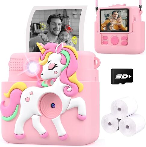 Kids Camera Instant Print with Silicone Cover, Creative Gifts for Girls Age 4-12 Birthday Christmas, 1080P Digital Camera Toy with Memory Card - Pink in Saudi Arabia