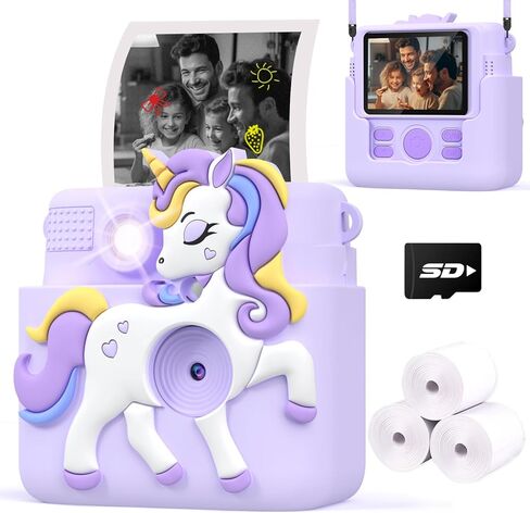 Kids Camera Instant Print with Silicone Cover, Creative Gifts for Girls Age 4-12 Birthday Christmas, 1080P Digital Camera Toy with Memory Card - Pink in Saudi Arabia