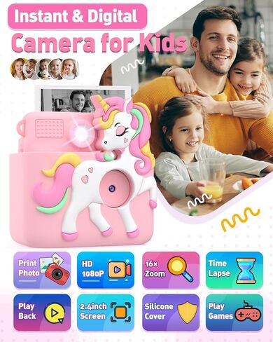 Kids Camera Instant Print with Silicone Cover, Creative Gifts for Girls Age 4-12 Birthday Christmas, 1080P Digital Camera Toy with Memory Card - Pink in Saudi Arabia