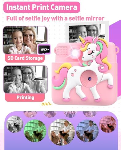 Kids Camera Instant Print with Silicone Cover, Creative Gifts for Girls Age 4-12 Birthday Christmas, 1080P Digital Camera Toy with Memory Card - Pink in Saudi Arabia