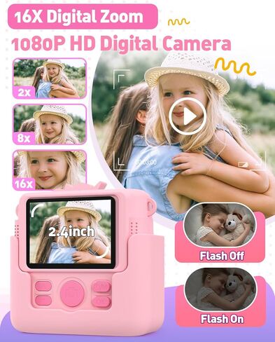 Kids Camera Instant Print with Silicone Cover, Creative Gifts for Girls Age 4-12 Birthday Christmas, 1080P Digital Camera Toy with Memory Card - Pink in Saudi Arabia