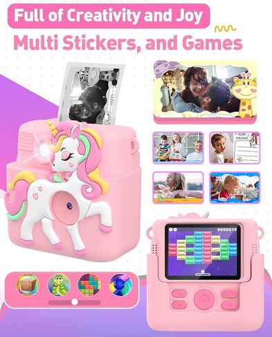 Kids Camera Instant Print with Silicone Cover, Creative Gifts for Girls Age 4-12 Birthday Christmas, 1080P Digital Camera Toy with Memory Card - Pink in Saudi Arabia