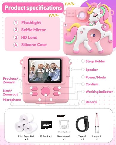 Kids Camera Instant Print with Silicone Cover, Creative Gifts for Girls Age 4-12 Birthday Christmas, 1080P Digital Camera Toy with Memory Card - Pink in Saudi Arabia