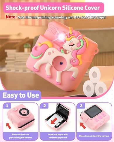 Kids Camera Instant Print with Silicone Cover, Creative Gifts for Girls Age 4-12 Birthday Christmas, 1080P Digital Camera Toy with Memory Card - Pink in Saudi Arabia