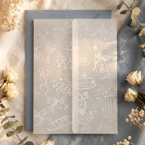 MIIOO Hand-Drawn Vellum Jackets for 5x7 Invitations, 50 Pack Prefolded Whimsical Invitation Wraps & Sleeves, Party Pattern Design for Wedding, Birthday, Graduations in Kuwait