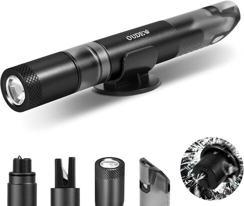 4-in-1 Car Window Breaker Seatbelt Cutter with Survival Whistle & LED Flashlight, Spring-Loaded Glass Breaker for Underwater, Portable Automotive Emergency Escape Tool, Black in Kuwait