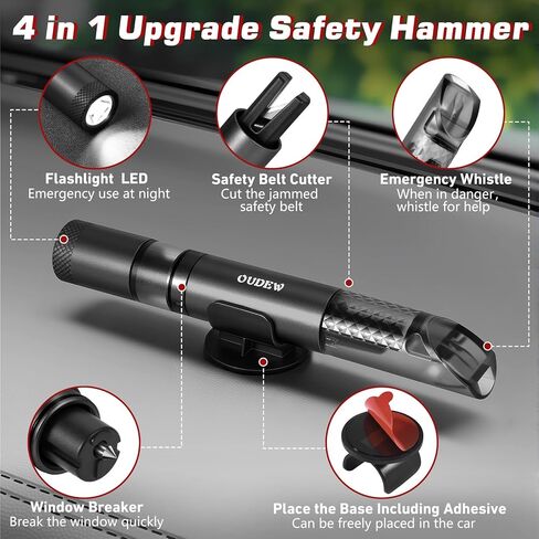 4-in-1 Car Window Breaker Seatbelt Cutter with Survival Whistle & LED Flashlight, Spring-Loaded Glass Breaker for Underwater, Portable Automotive Emergency Escape Tool, Black in Kuwait