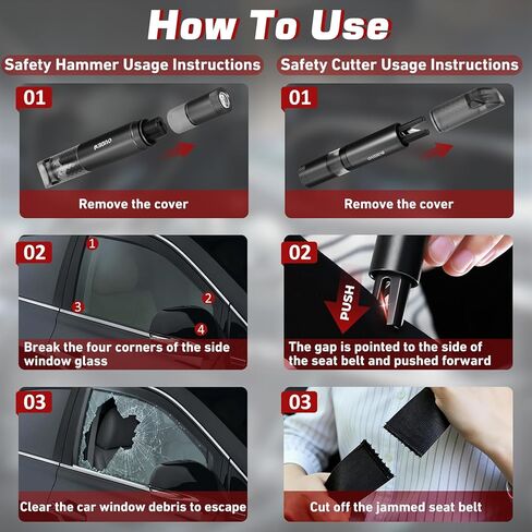 4-in-1 Car Window Breaker Seatbelt Cutter with Survival Whistle & LED Flashlight, Spring-Loaded Glass Breaker for Underwater, Portable Automotive Emergency Escape Tool, Black in Kuwait