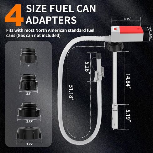 Fuel Transfer Pump with Auto Stop Sensor and 4 Tank Adapter, 3.2 Gallon per minute & 51'' Extra Long Hose, Portable Gas Can Pump for Oil, Diesel and Gasoline with Overfill Protection (Red) in Kuwait