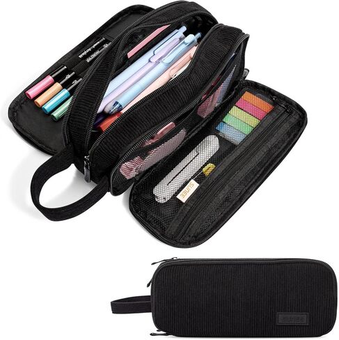 SUNEE Large Capacity Pencil Case with 3 Compartment, Extra Big Pencil Pouch, Pencil Bag with Zipper, Cute Stationery Organizer, Soft Corduroy Pen Box School Supplies for Student Girls Boys, Jet Black in Saudi Arabia