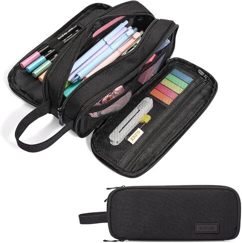 SUNEE Large Capacity Pencil Case with 3 Compartment, Extra Big Pencil Pouch, Pencil Bag with Zipper, Cute Stationery Organizer, Soft Corduroy Pen Box School Supplies for Student Girls Boys, Jet Black in Saudi Arabia