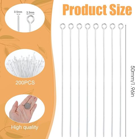 Mabor 200Pcs Eyepins for Jewelry Making 50mm/2In, Silver Stainless Steel Open Eye Pins, Head Pins Flat Eye Pin for Jewelry Making DIY Craft Earring Bracelet Necklace Pendant Supplies in Kuwait