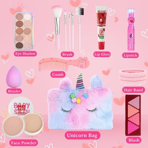 The.Linivya Kids Makeup Kit for Girls & Teens | 18-Piece Washable Makeup Set with Unicorn Fur Multicolor Bag | Safe, Non-Toxic Birthday Gift for Ages 6–16 in Kuwait