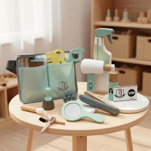 Generic 18 Pieces Wooden Hairdresser Toy Set Great Gift Wooden Makeup Toy Set Imagination Pretend Salon Playset for Children and Girls, Young Children in Kuwait