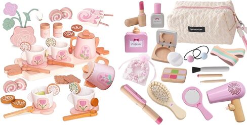 19PCS Wooden Makeup Toy Set for Toddler & Wooden Tea Set for Little Girls in Kuwait