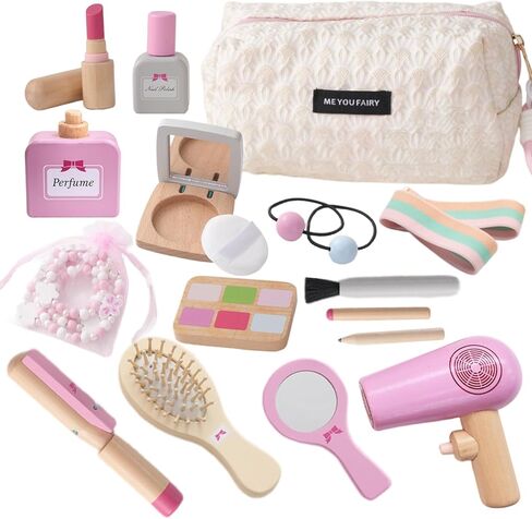 19PCS Wooden Makeup Toy Set for Toddler & Wooden Tea Set for Little Girls in Kuwait