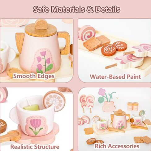 19PCS Wooden Makeup Toy Set for Toddler & Wooden Tea Set for Little Girls in Kuwait
