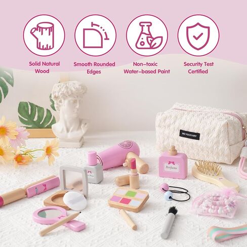 19PCS Wooden Makeup Toy Set for Toddler & Wooden Tea Set for Little Girls in Kuwait