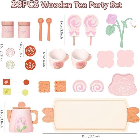 19PCS Wooden Makeup Toy Set for Toddler & Wooden Tea Set for Little Girls in Kuwait