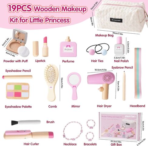 19PCS Wooden Makeup Toy Set for Toddler & Wooden Tea Set for Little Girls in Kuwait